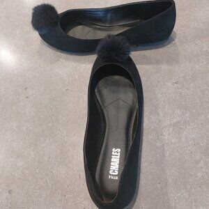 STYLE by CHARLES DAVID Dakota Black Suede Flats with Faux Fur Pom Pom - Size 8M